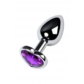Серебристая коническая анальная пробка с фиолетовым кристаллом-сердечком - 7 см. - ToyFa - купить с доставкой в Магнитогорске