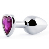 Серебристая анальная пробка с фиолетовым кристаллом-сердечком - 8 см. - Anal Jewelry Plug - купить с доставкой в Магнитогорске