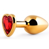 Золотистая анальная пробка с красным стразом-сердечком - 8 см. - Anal Jewelry Plug - купить с доставкой в Магнитогорске