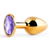 Золотистая анальная пробка с фиолетовым стразом - 7,2 см. - Anal Jewelry Plug - купить с доставкой в Магнитогорске