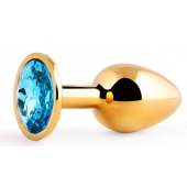 Золотистая анальная пробка с голубым стразом - 7,2 см. - Anal Jewelry Plug - купить с доставкой в Магнитогорске