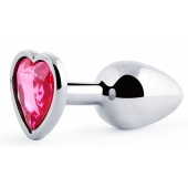 Серебристая анальная пробка с розовым кристаллом-сердечком - 7 см. - Anal Jewelry Plug - купить с доставкой в Магнитогорске