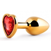 Золотистая анальная пробка с красным стразом-сердечком - 7 см. - Anal Jewelry Plug - купить с доставкой в Магнитогорске
