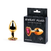 Золотистая анальная пробка с малиновым кристаллом-сердечком - 7 см. - Anal Jewelry Plug - купить с доставкой в Магнитогорске