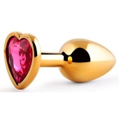 Золотистая анальная пробка с малиновым кристаллом-сердечком - 7 см. - Anal Jewelry Plug - купить с доставкой в Магнитогорске