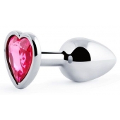 Серебристая анальная пробка с малиновым кристаллом-сердечком - 7 см. - Anal Jewelry Plug - купить с доставкой в Магнитогорске