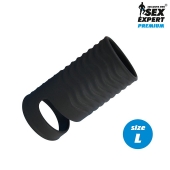 Черная открытая насадка на пенис с кольцом для мошонки L-size - 8,5 см. - Sex Expert - в Магнитогорске купить с доставкой