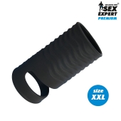 Черная открытая насадка на пенис с кольцом для мошонки XXL-size - 9,4 см. - Sex Expert - в Магнитогорске купить с доставкой