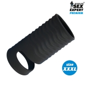 Черная открытая насадка на пенис с кольцом для мошонки XXXL-size - 9,9 см. - Sex Expert - в Магнитогорске купить с доставкой