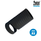 Черная открытая насадка на пенис с кольцом для мошонки XL-size - 8,9 см. - Sex Expert - в Магнитогорске купить с доставкой