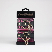 Черные кожаные наручники с розовой строчкой - Crazy Handmade - купить с доставкой в Магнитогорске