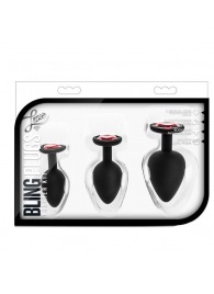 Набор черных анальных пробок с красным кристаллом-сердечком Bling Plugs Training Kit - Blush Novelties - купить с доставкой в Магнитогорске
