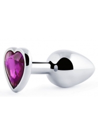 Серебристая анальная пробка с фиолетовым кристаллом-сердечком - 8 см. - Anal Jewelry Plug - купить с доставкой в Магнитогорске