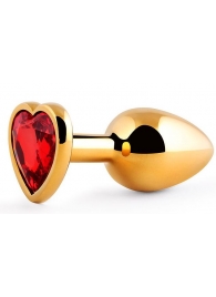 Золотистая анальная пробка с красным стразом-сердечком - 8 см. - Anal Jewelry Plug - купить с доставкой в Магнитогорске