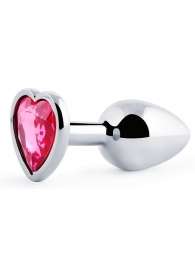 Серебристая анальная пробка с розовым кристаллом-сердечком - 7 см. - Anal Jewelry Plug - купить с доставкой в Магнитогорске