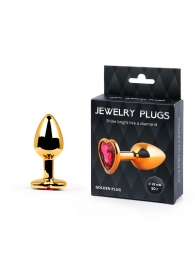 Золотистая анальная пробка с малиновым кристаллом-сердечком - 7 см. - Anal Jewelry Plug - купить с доставкой в Магнитогорске