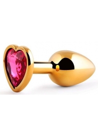 Золотистая анальная пробка с малиновым кристаллом-сердечком - 7 см. - Anal Jewelry Plug - купить с доставкой в Магнитогорске
