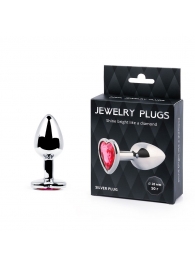 Серебристая анальная пробка с малиновым кристаллом-сердечком - 7 см. - Anal Jewelry Plug - купить с доставкой в Магнитогорске