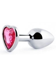 Серебристая анальная пробка с малиновым кристаллом-сердечком - 7 см. - Anal Jewelry Plug - купить с доставкой в Магнитогорске