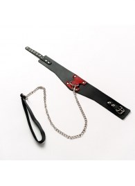 Черный широкий ошейник с красным декором и поводком - Crazy Handmade - купить с доставкой в Магнитогорске