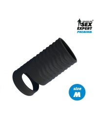 Черная открытая насадка на пенис с кольцом для мошонки size M - 7,9 см. - Sex Expert - в Магнитогорске купить с доставкой