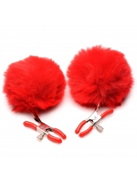 Красные зажимы на соски с помпонами Pom Pom - XR Brands - купить с доставкой в Магнитогорске
