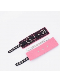 Черно-розовые кожаные наручники с розовой строчкой - Crazy Handmade - купить с доставкой в Магнитогорске