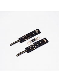 Черные кожаные наручники с золотистой фурнитурой - Crazy Handmade - купить с доставкой в Магнитогорске