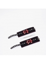 Черные кожаные наручники с красным декором и строчкой - Crazy Handmade - купить с доставкой в Магнитогорске