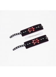 Черные кожаные наручники с красным декором и строчкой - Crazy Handmade - купить с доставкой в Магнитогорске