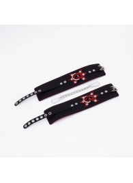 Черные кожаные оковы с красным декором и строчкой - Crazy Handmade - купить с доставкой в Магнитогорске