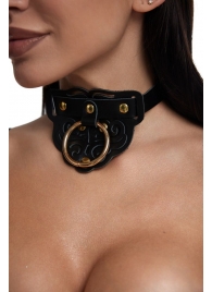 Черный фигурный кожаный ошейник с золотистой фурнитурой - Crazy Handmade - купить с доставкой в Магнитогорске