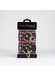 Черные кожаные наручники с розовой строчкой - Crazy Handmade - купить с доставкой в Магнитогорске