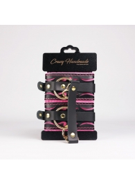 Черные кожаные оковы с розовой строчкой - Crazy Handmade - купить с доставкой в Магнитогорске