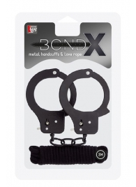 Чёрные наручники из листового металла в комплекте с веревкой BONDX METAL CUFFS LOVE ROPE SET - Dream Toys - купить с доставкой в Магнитогорске