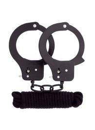 Чёрные наручники из листового металла в комплекте с веревкой BONDX METAL CUFFS LOVE ROPE SET - Dream Toys - купить с доставкой в Магнитогорске