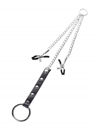 Серебристо-чёрные зажимы для сосков с кольцом для пениса TOYFA Metal - ToyFa - купить с доставкой в Магнитогорске