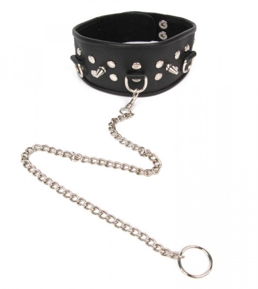 Черный ошейник с шипами и металлическим поводком-цепочкой - Notabu - купить с доставкой в Магнитогорске