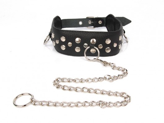 Черный ошейник с заклепками с металлическим поводком-цепочкой - Notabu - купить с доставкой в Магнитогорске