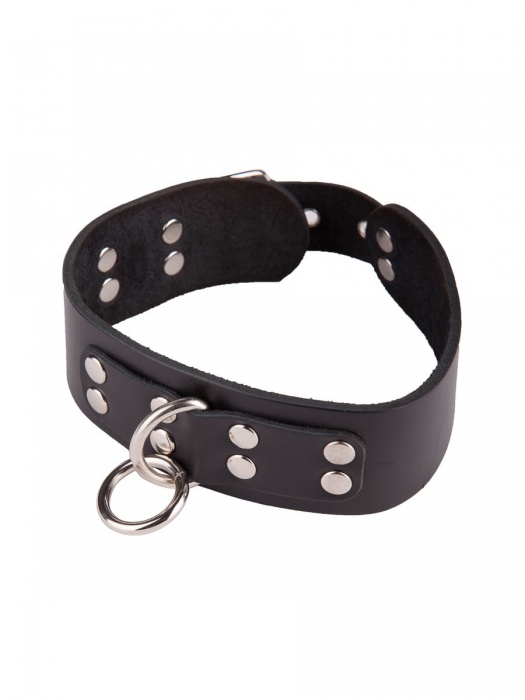 Черный кожаный ошейник с кольцом и клепками - Sitabella - купить с доставкой в Магнитогорске