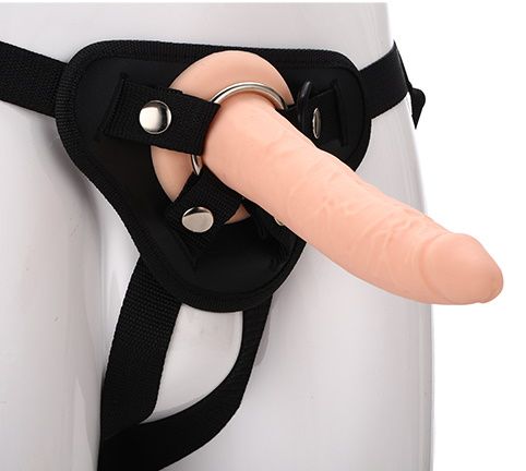 Телесный страпон на черных трусиках STRAP ON REAL DILDO - 20 см. - Dream Toys - купить с доставкой в Магнитогорске