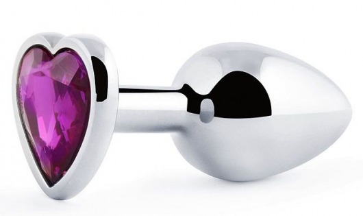 Серебристая анальная пробка с фиолетовым кристаллом-сердечком - 8 см. - Anal Jewelry Plug - купить с доставкой в Магнитогорске
