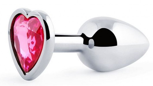 Серебристая анальная пробка с розовым кристаллом-сердечком - 7 см. - Anal Jewelry Plug - купить с доставкой в Магнитогорске