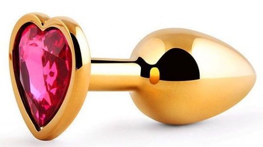 Золотистая анальная пробка с малиновым кристаллом-сердечком - 7 см. - Anal Jewelry Plug - купить с доставкой в Магнитогорске