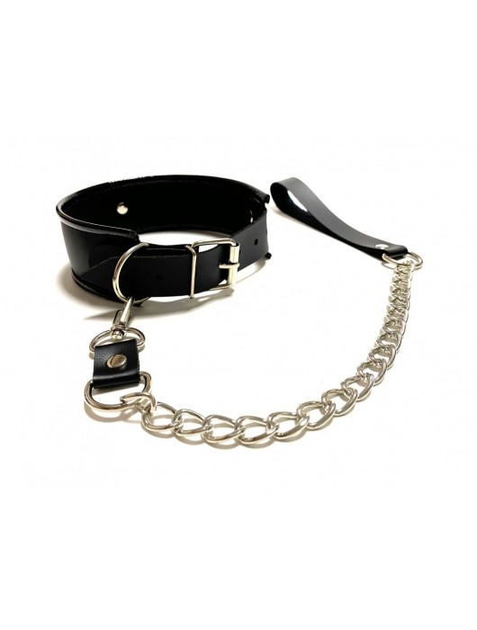 Черный ошейник с поводком из эко-кожи - БДСМ Арсенал - купить с доставкой в Магнитогорске