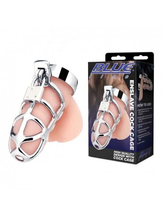 Серебристая металлическая клетка для члена с замком Enslave Cock Cage - BlueLine - купить с доставкой в Магнитогорске