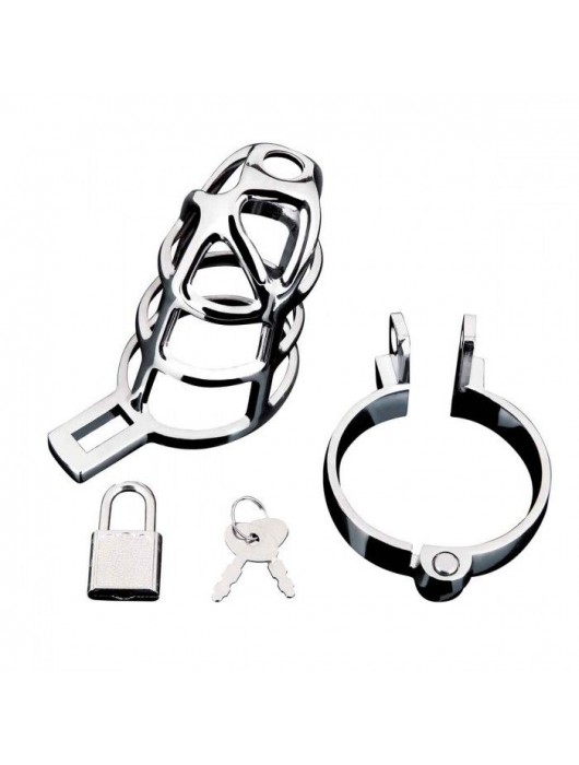 Серебристая металлическая клетка для члена с замком Enslave Cock Cage - BlueLine - купить с доставкой в Магнитогорске