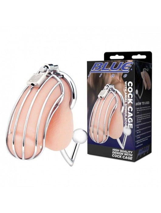 Серебристая металлическая клетка с анальным стимулятором Cock Cage - BlueLine - купить с доставкой в Магнитогорске