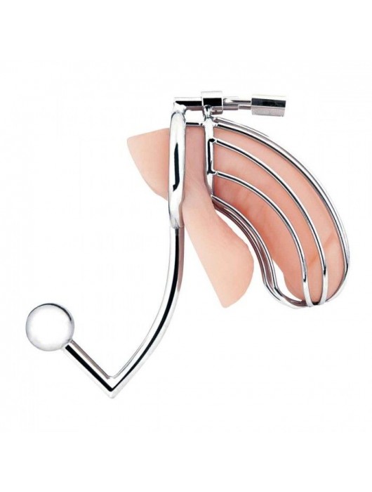 Серебристая металлическая клетка с анальным стимулятором Cock Cage - BlueLine - купить с доставкой в Магнитогорске