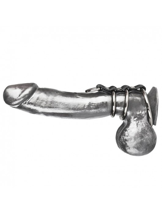 Хомут на пенис из трех металлических колец и кольца для привязи 3 RING GATES OF HELL - BlueLine - купить с доставкой в Магнитогорске